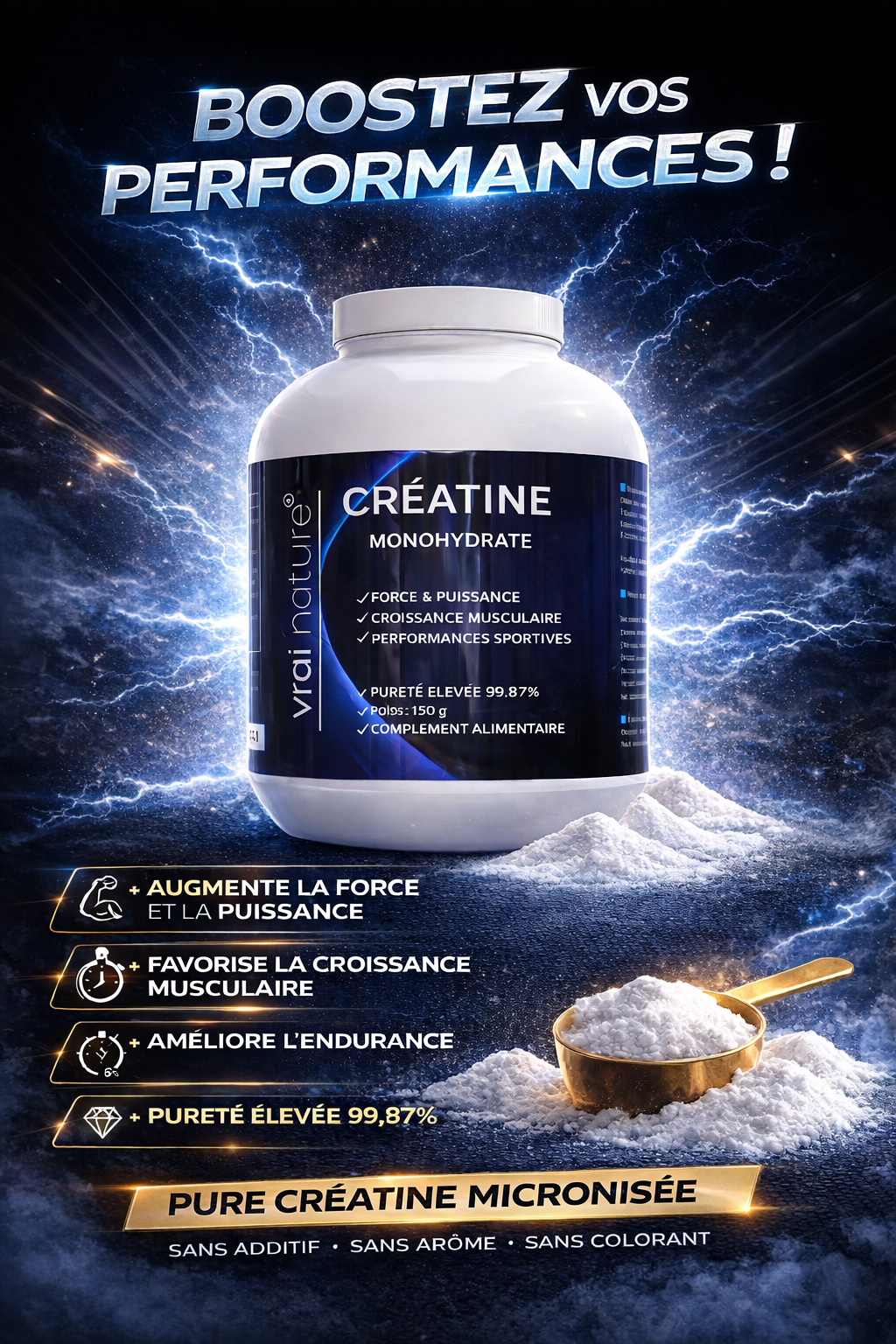 CRÉATINE MONOHYDRATE ✔FORCE & PUISSANCE ✔CROISSANCE MUSCULAIRE ✔PERFORMANCES SPORTIVES -PURETÉ ÉLEVÉE 99.87% – Image 3
